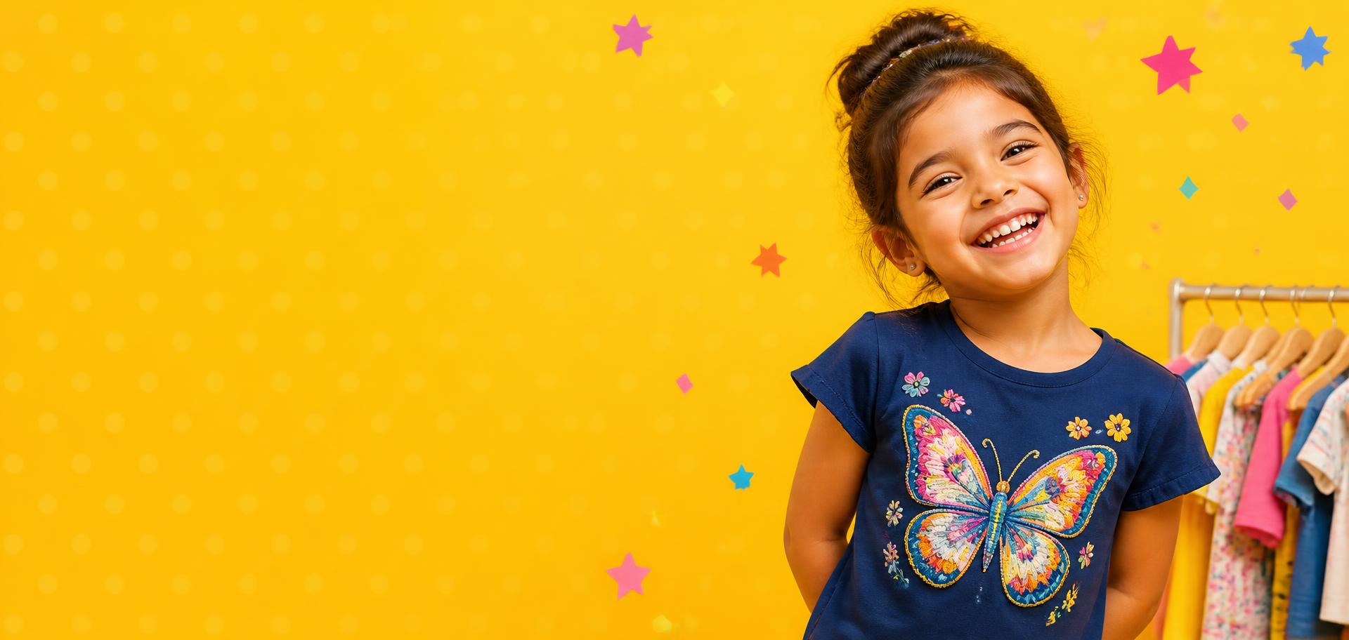 Smiling child wearing a Kids Stitch butterfly t-shirt